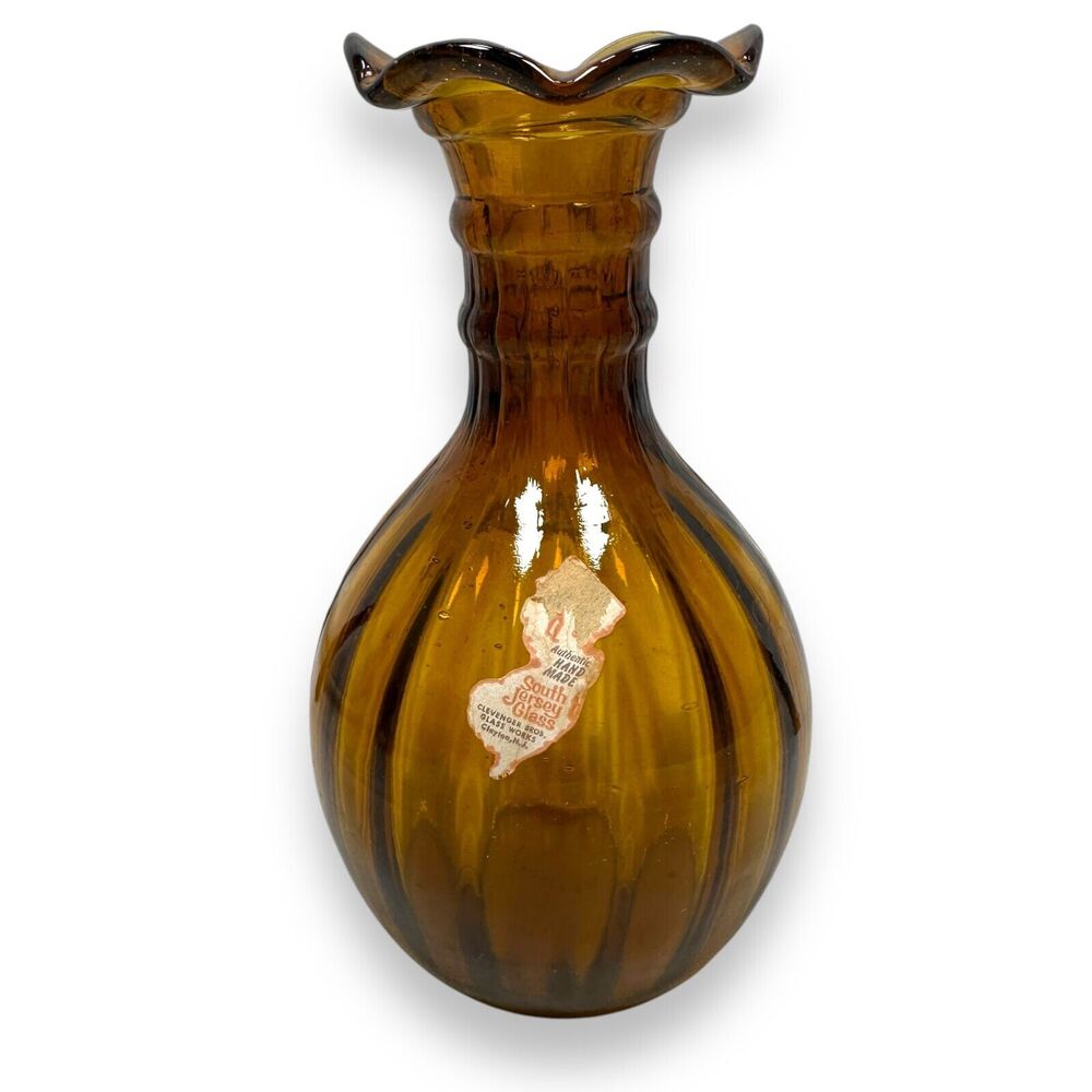 Vintage‎ South Jersey Clevenger Bros Glass Amber Vase Scalloped Edge Hand Blown
